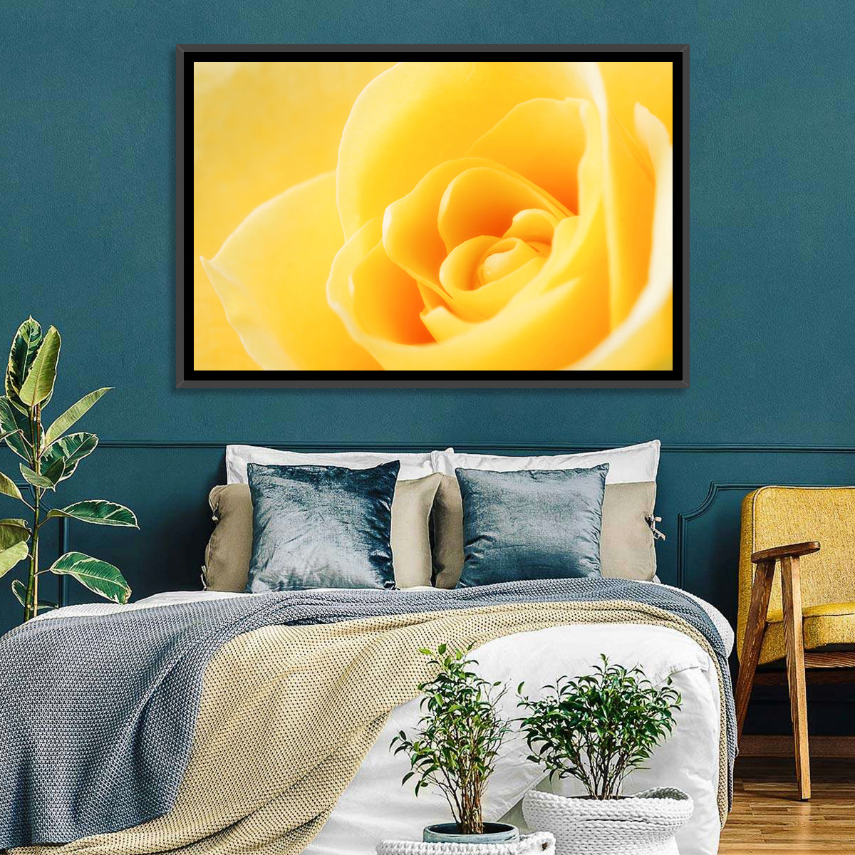 Soft-lit Yellow Rose Close-up Wall Art in a room, landscape