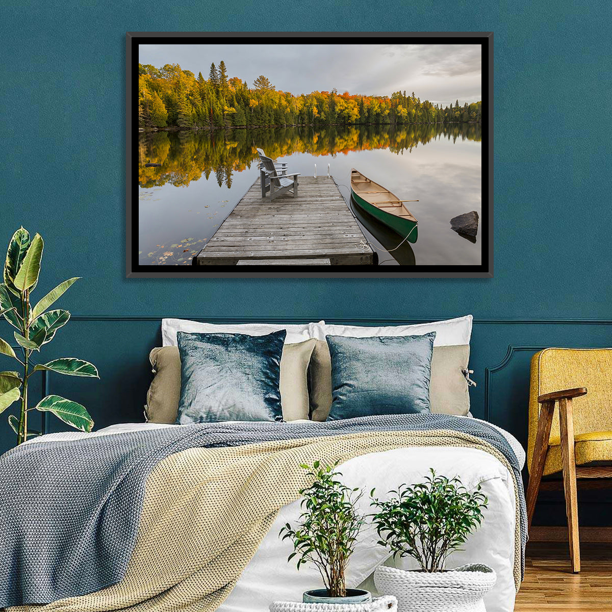 Ontario Autumn Lake Dock Wall Art in a room, landscape