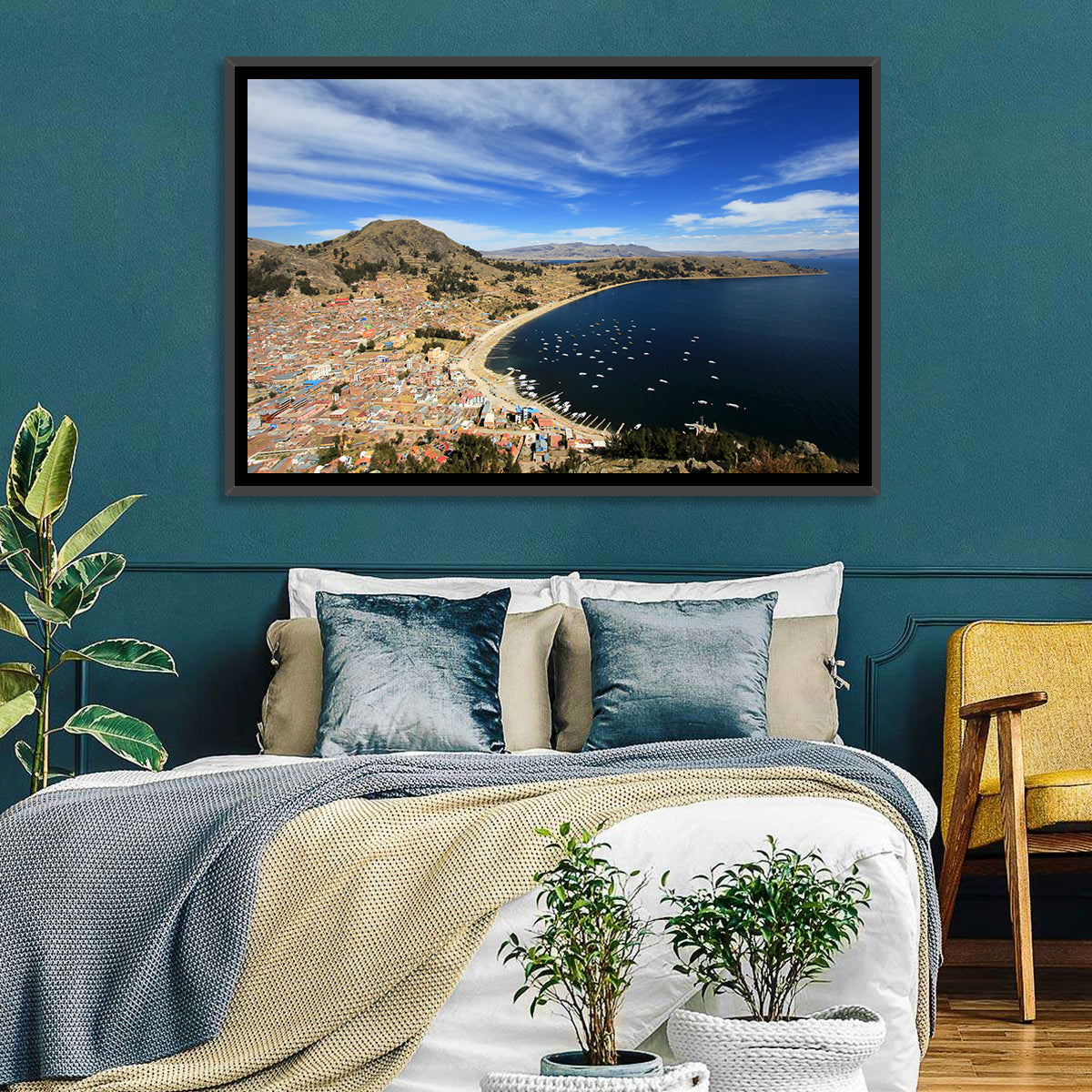 Copacabana Aerial Over Lake Titicaca Wall Art in a room, landscape