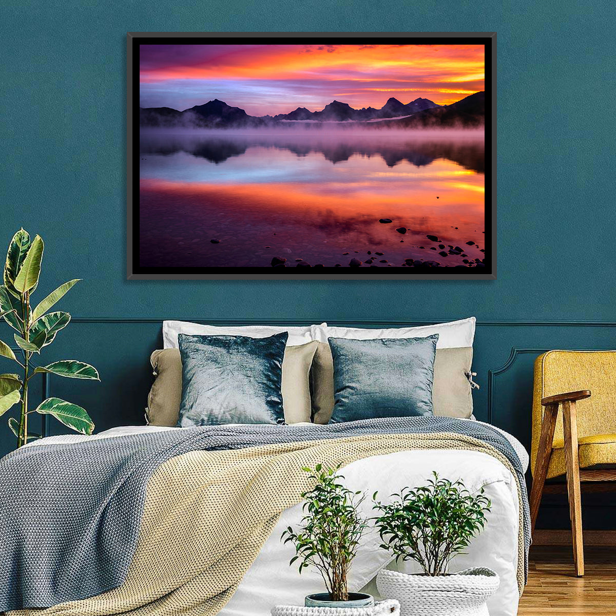 Lake Mcdonald Misty Sunset Wall Art in a room, landscape