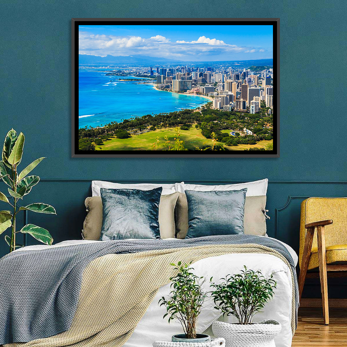 Honolulu Skyline Wall Art in a room, landscape