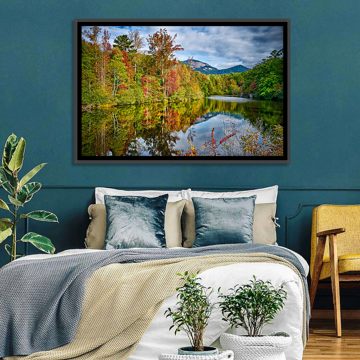 Lake Jocassee Autumn Reflection Wall Art in a room, landscape