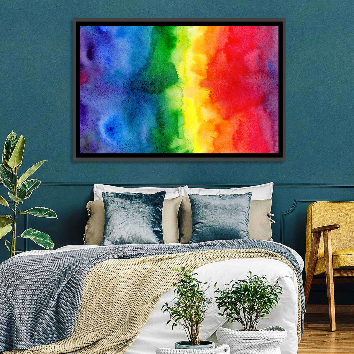 Watercolor Rainbow Gradient Wall Art in a room, landscape