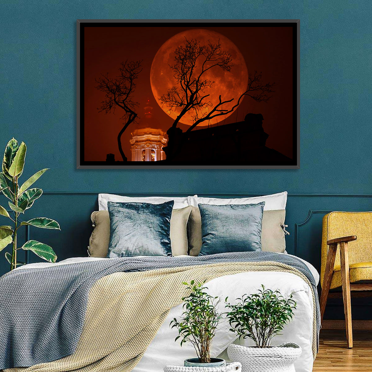 Haunted Supermoon Over Church Spire Wall Art in a room, landscape