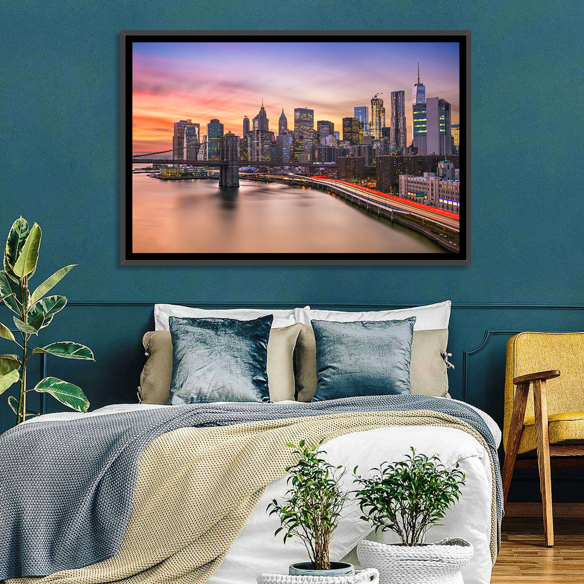 Brooklyn Bridge Light Trails Over Lower Manhattan Wall Art in a room, landscape