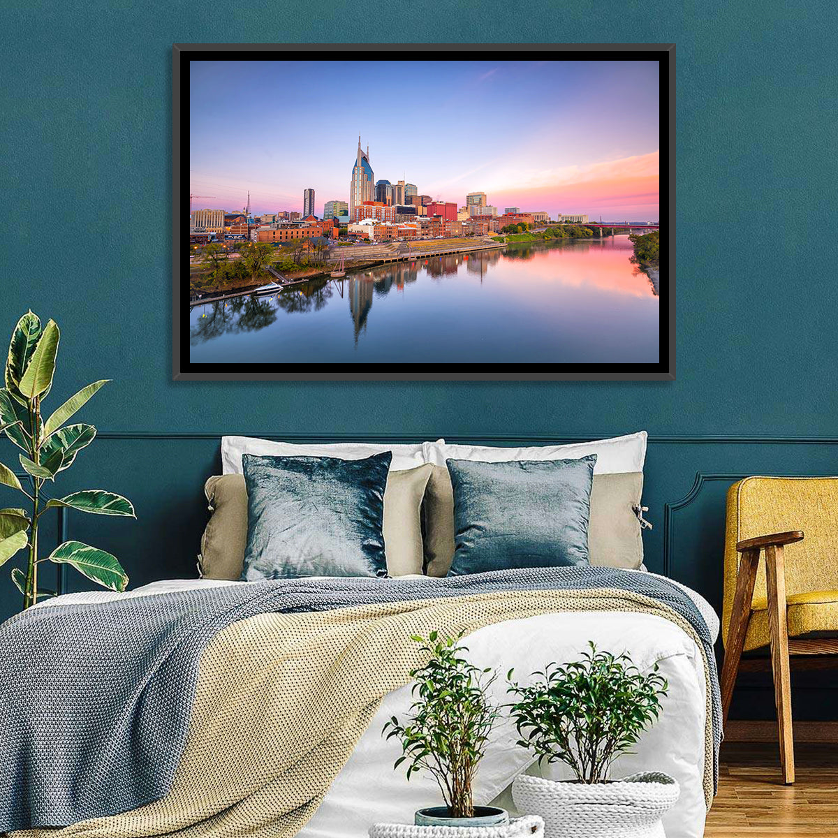 Nashville Skyline at Dusk Wall Art in a room, landscape