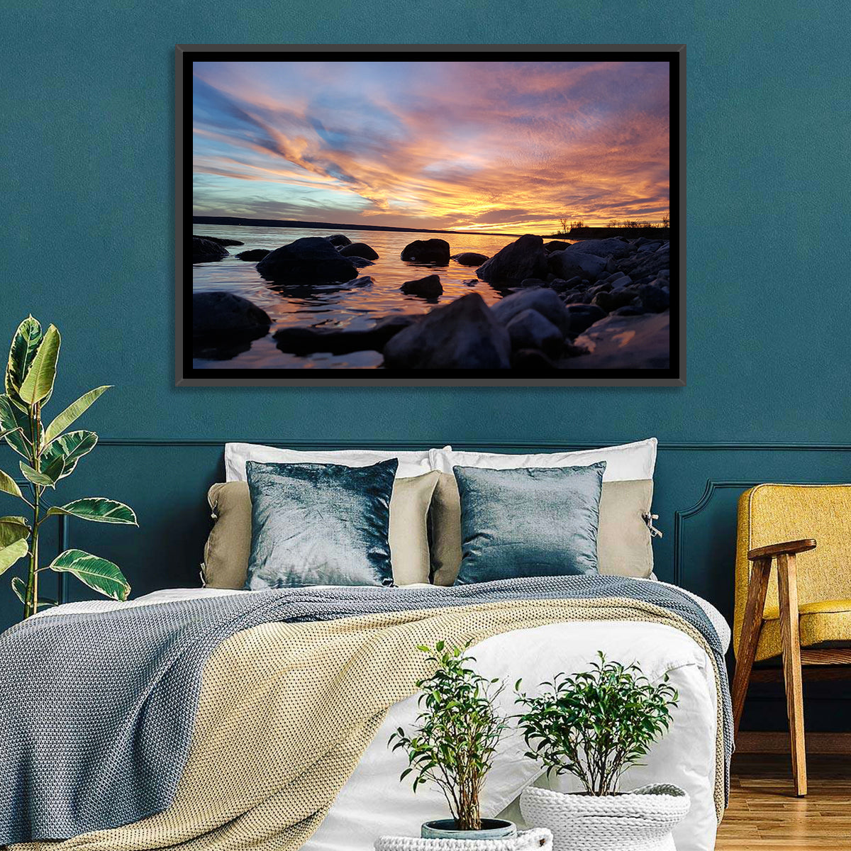 Lake Sakakawea Sunset Wall Art in a room, landscape