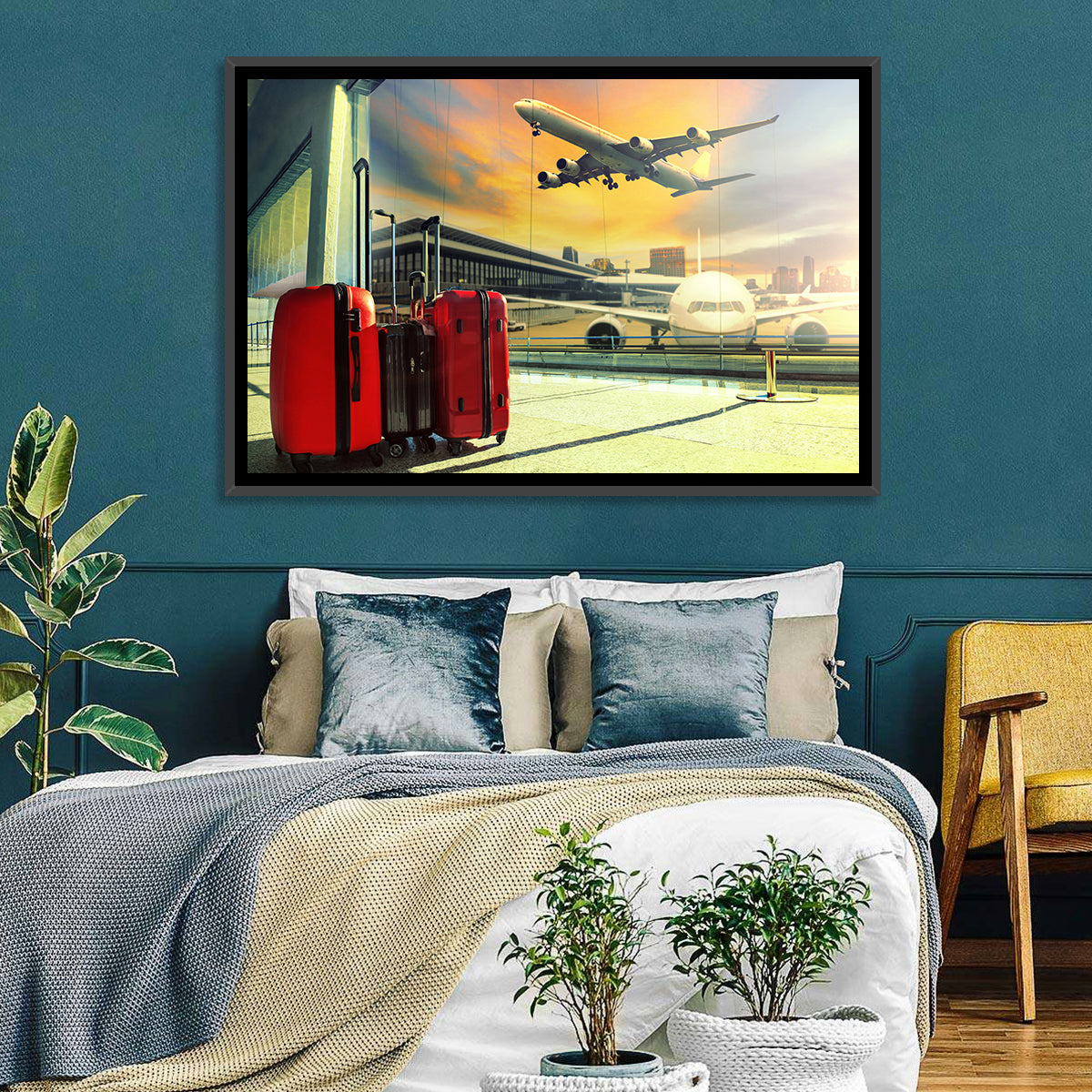 Suitcases at the Airport Window Wall Art in a room, landscape