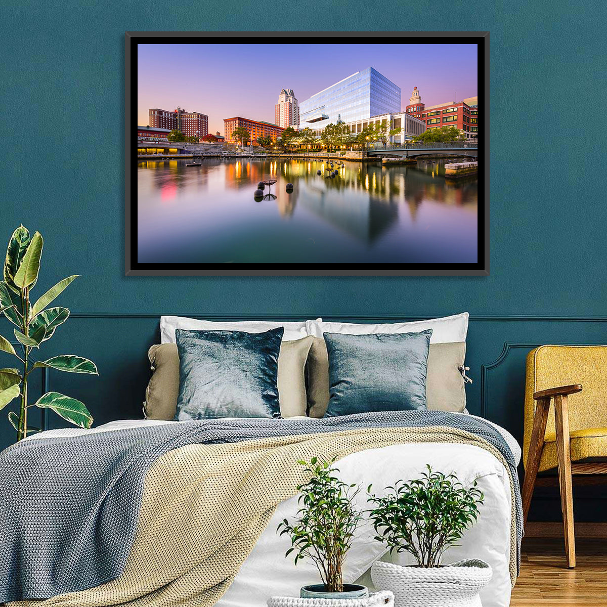 Providence River Skyline at Twilight Wall Art in a room, landscape