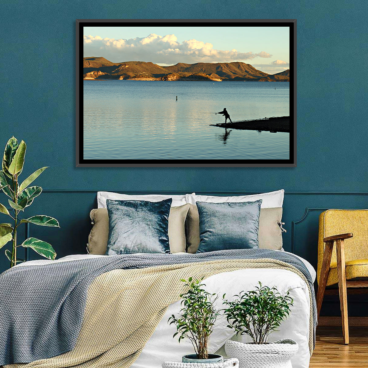 Lake Pleasant Fisherman Silhouette Wall Art in a room, landscape