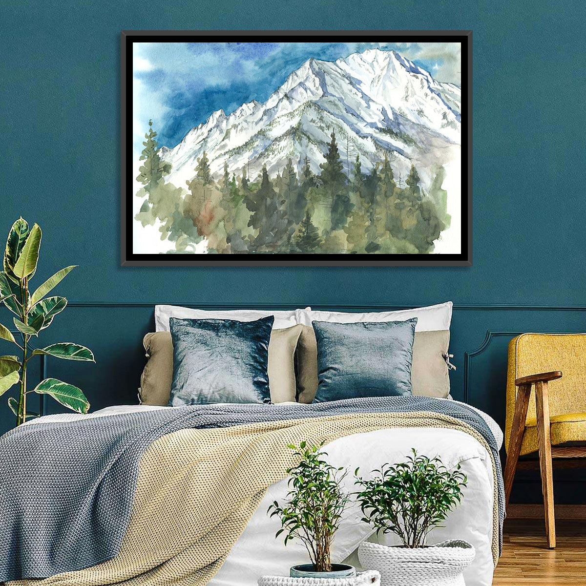 Snowy Mountain Watercolor Wall Art in a room, landscape