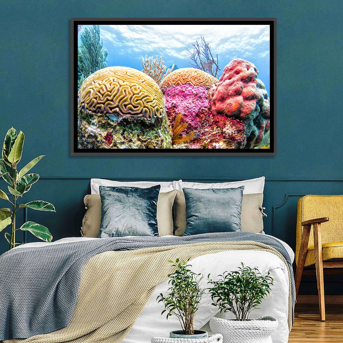 Vibrant Brain Coral Reef Wall Art in a room, landscape