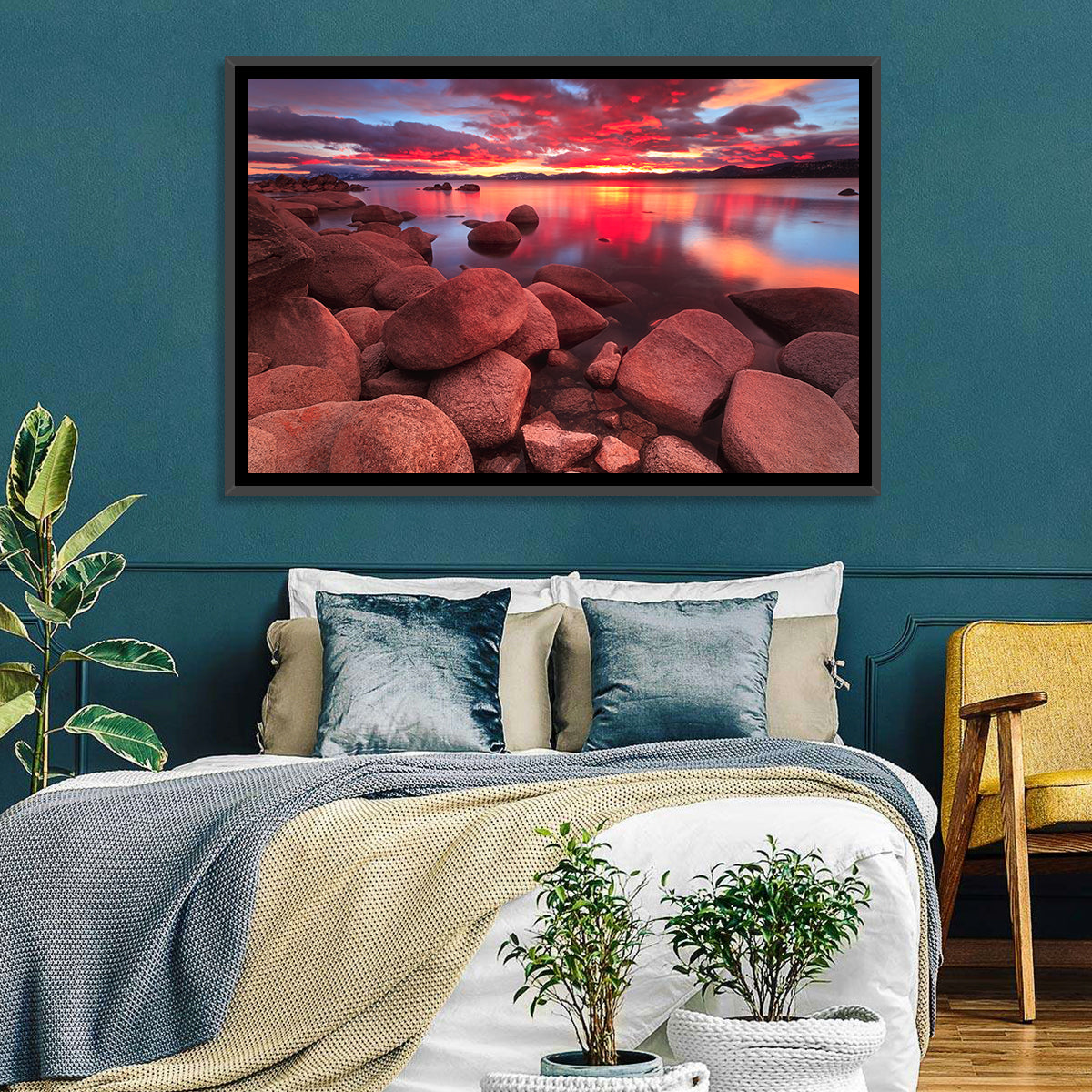 Lake Tahoe Sunset Reflection Wall Art in a room, landscape