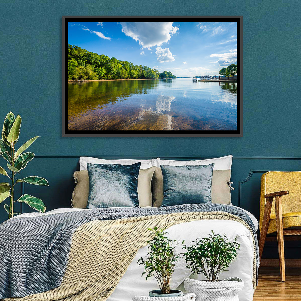 Lake Norman Dockside Reflection Wall Art in a room, landscape