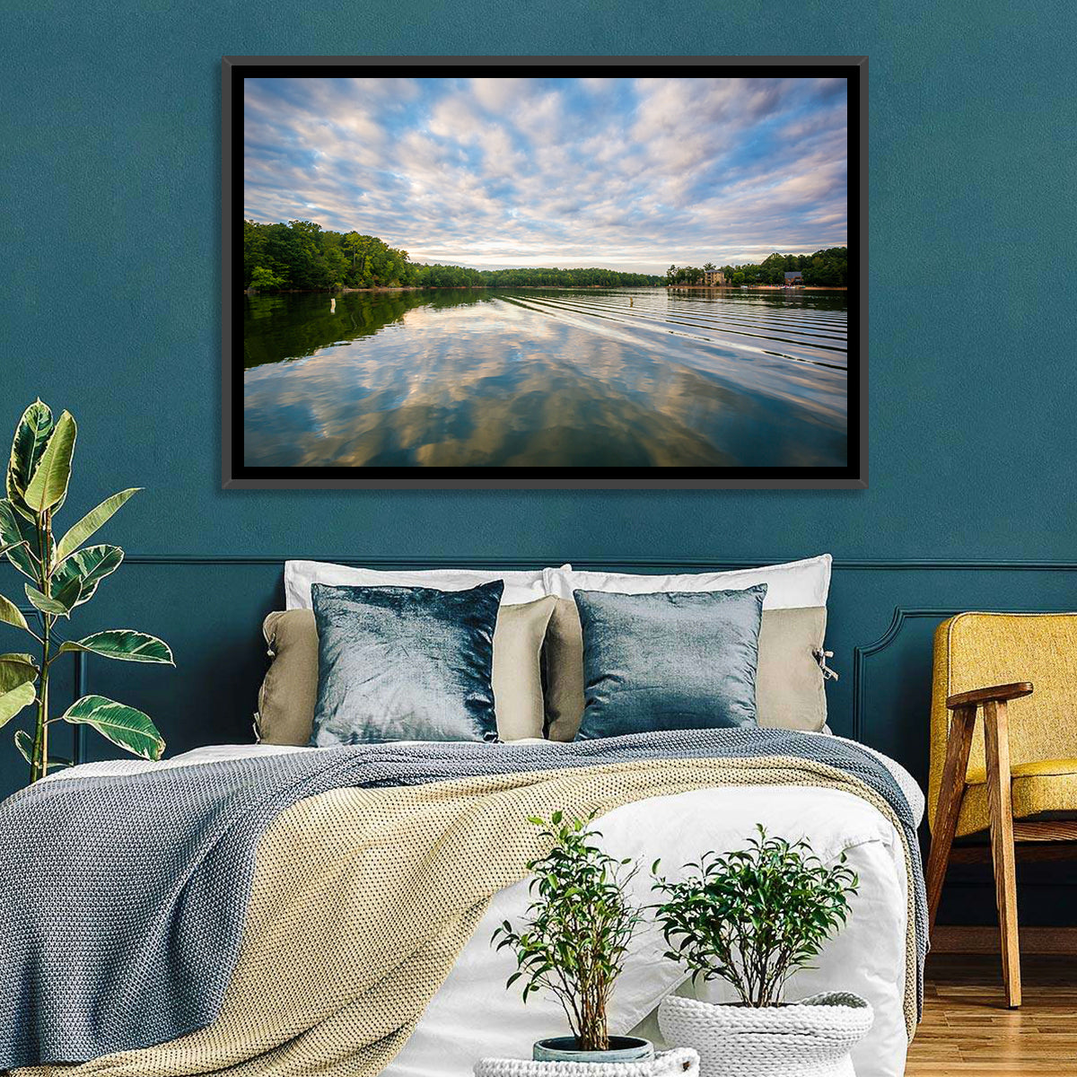 Cloudy Lake Norman Landscape Wall Art in a room, landscape