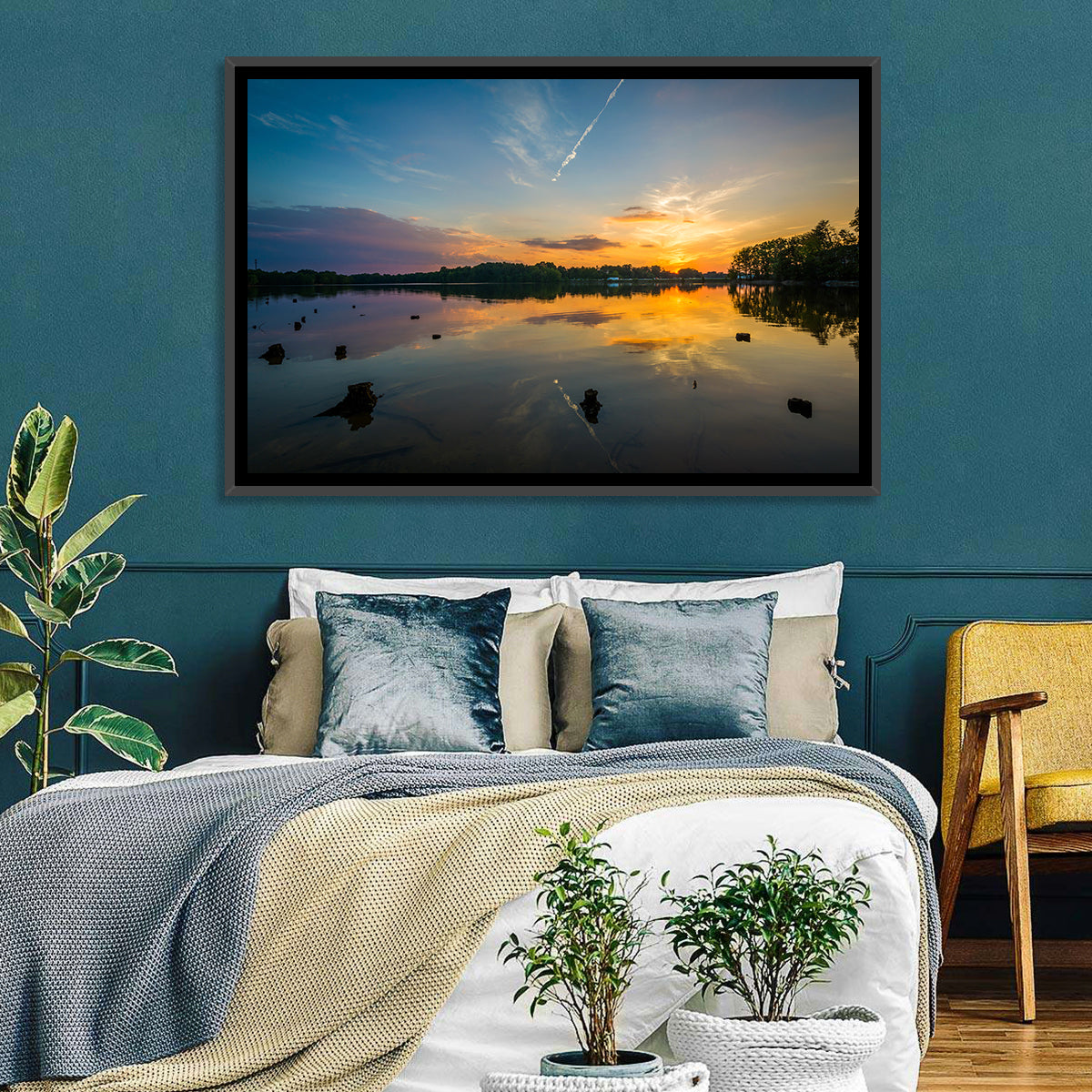 Lake Norman Sunset Reflection Wall Art in a room, landscape