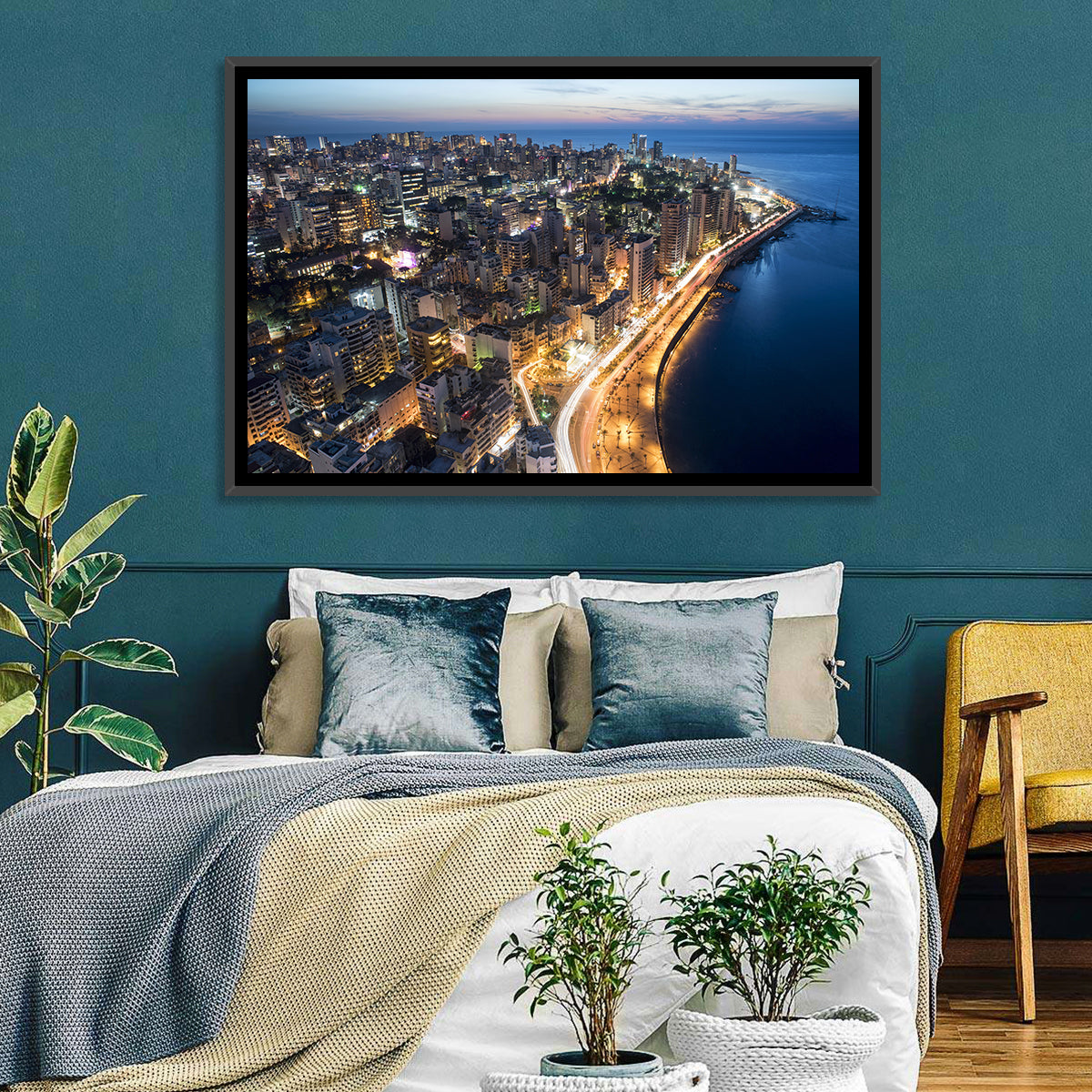 Beirut Corniche at Dusk Wall Art in a room, landscape