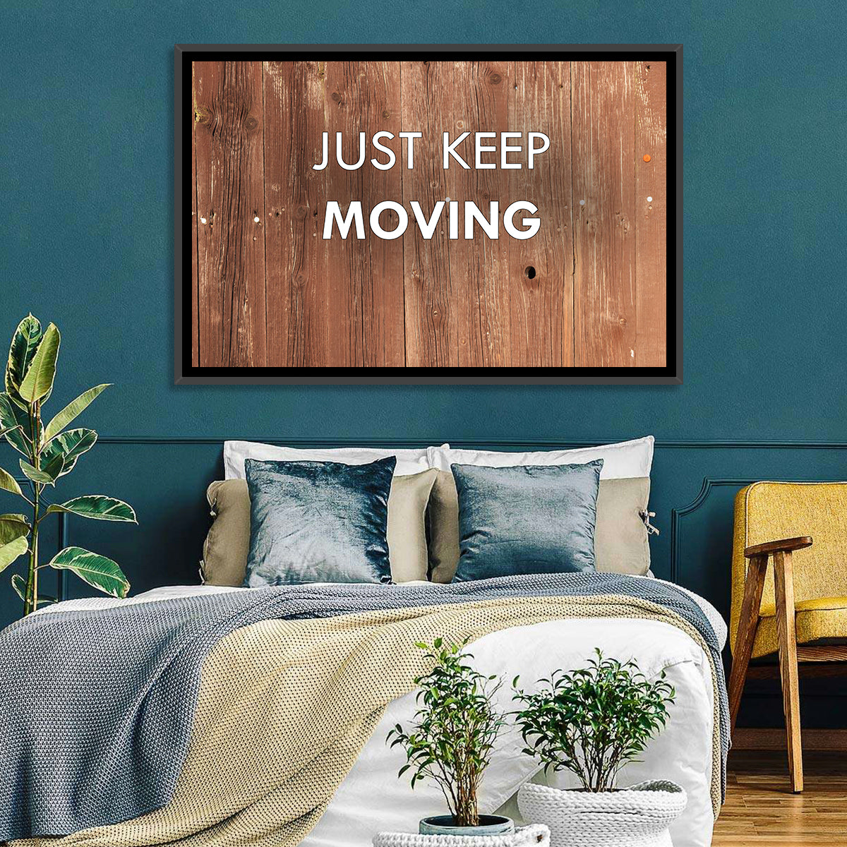 Just Keep Moving Rustic Quote Wall Art in a room, landscape