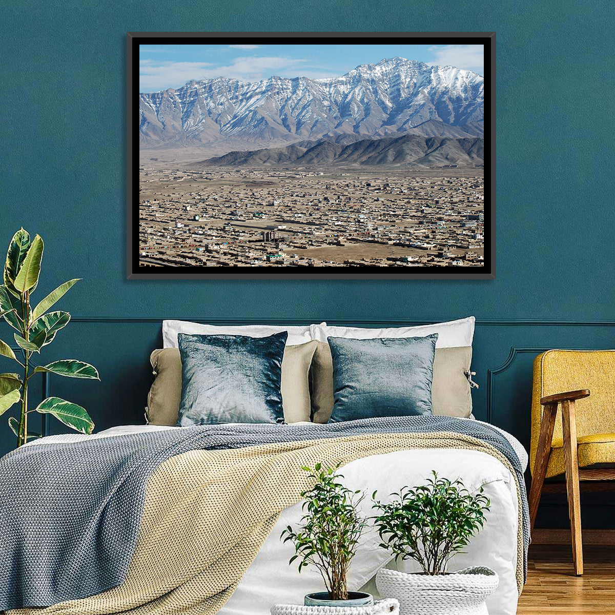 Kabul from Above with Snow-capped Mountains Wall Art in a room, landscape