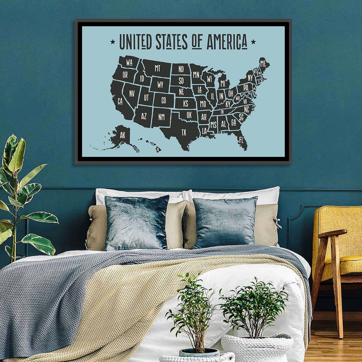 Minimalist USA Map with State Abbreviations Wall Art