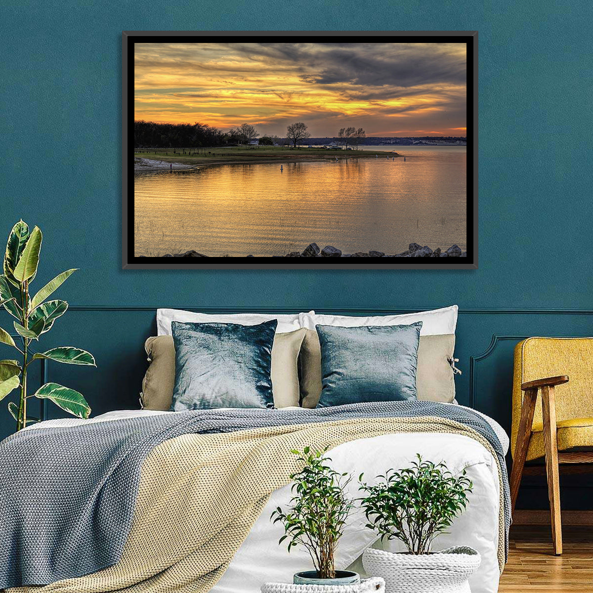 Lake Whitney Sunset Wall Art in a room, landscape