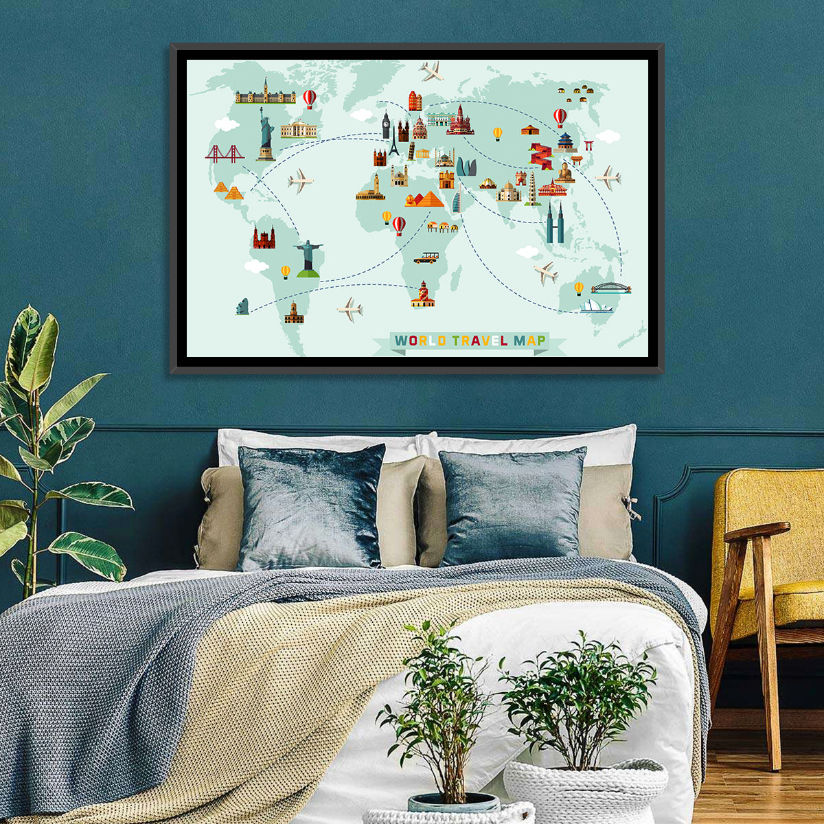 World Travel Map Illustration Wall Art in a room, landscape