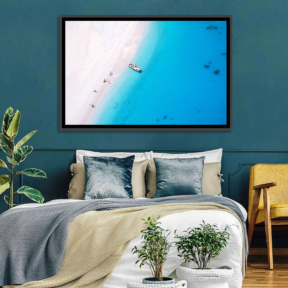 Aerial Beach Bay with White Boat Wall Art in a room, landscape