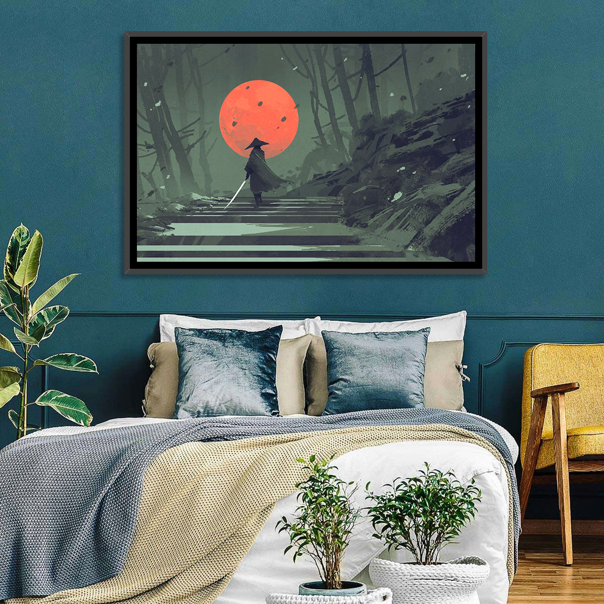 Samurai Under Red Moon Wall Art in a room, landscape