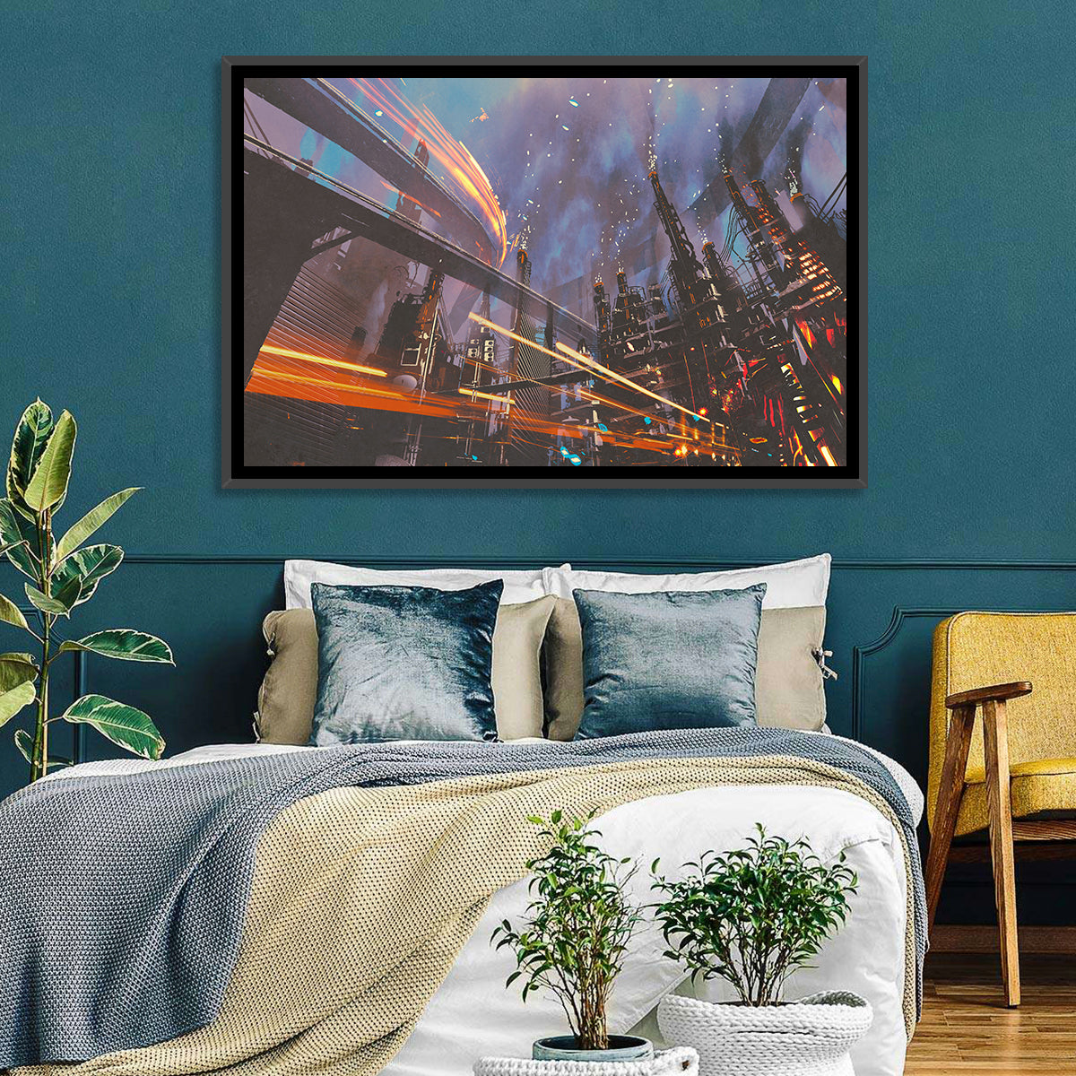 Futuristic Industrial Cityscape Wall Art in a room, landscape
