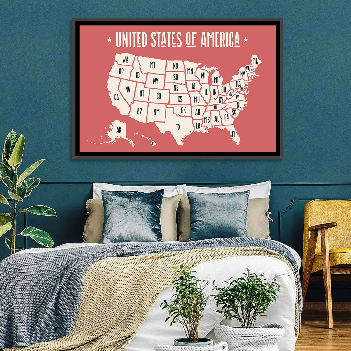 United States Map with State Abbreviations Wall Art in a room, landscape