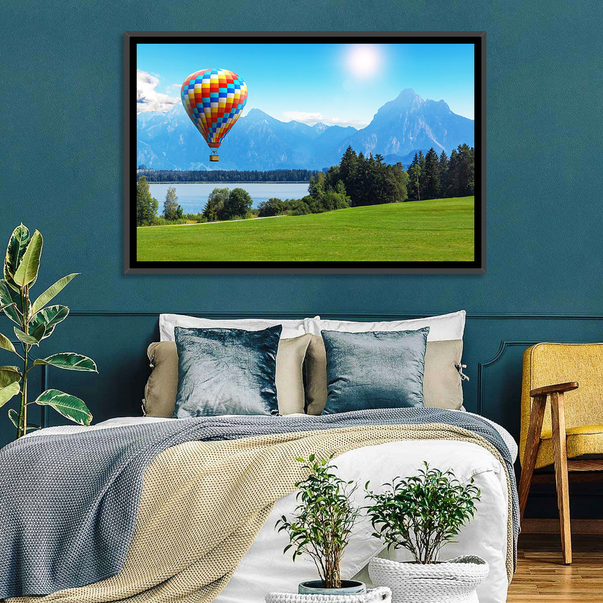 Bavarian Lake with Hot Air Balloon Wall Art in a room, landscape