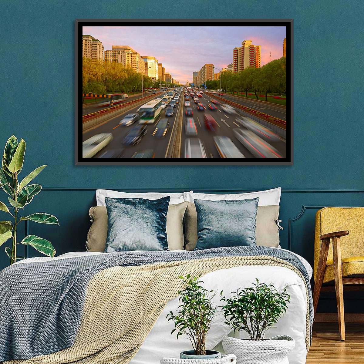 Beijing Sunset Traffic Streaks Wall Art in a room, landscape