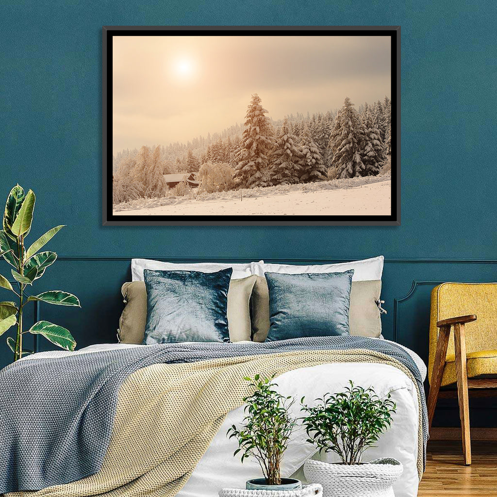 Snowy Pine Forest at Golden Hour Wall Art
