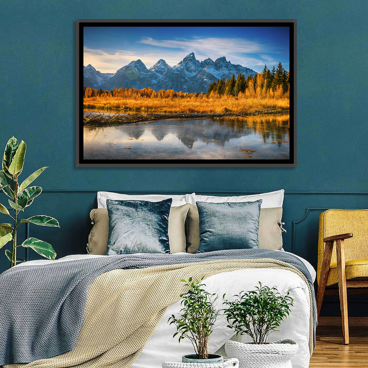 Grand Tetons Golden Reflection Wall Art in a room, landscape