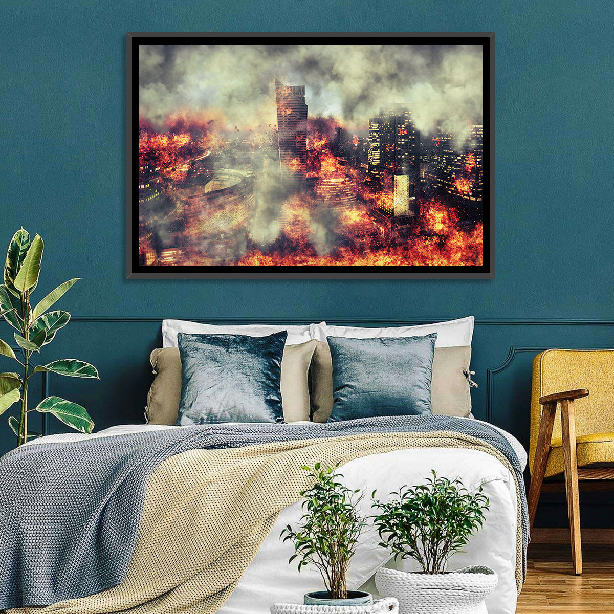 Warsaw Spire Burning City Abstract Wall Art in a room, landscape