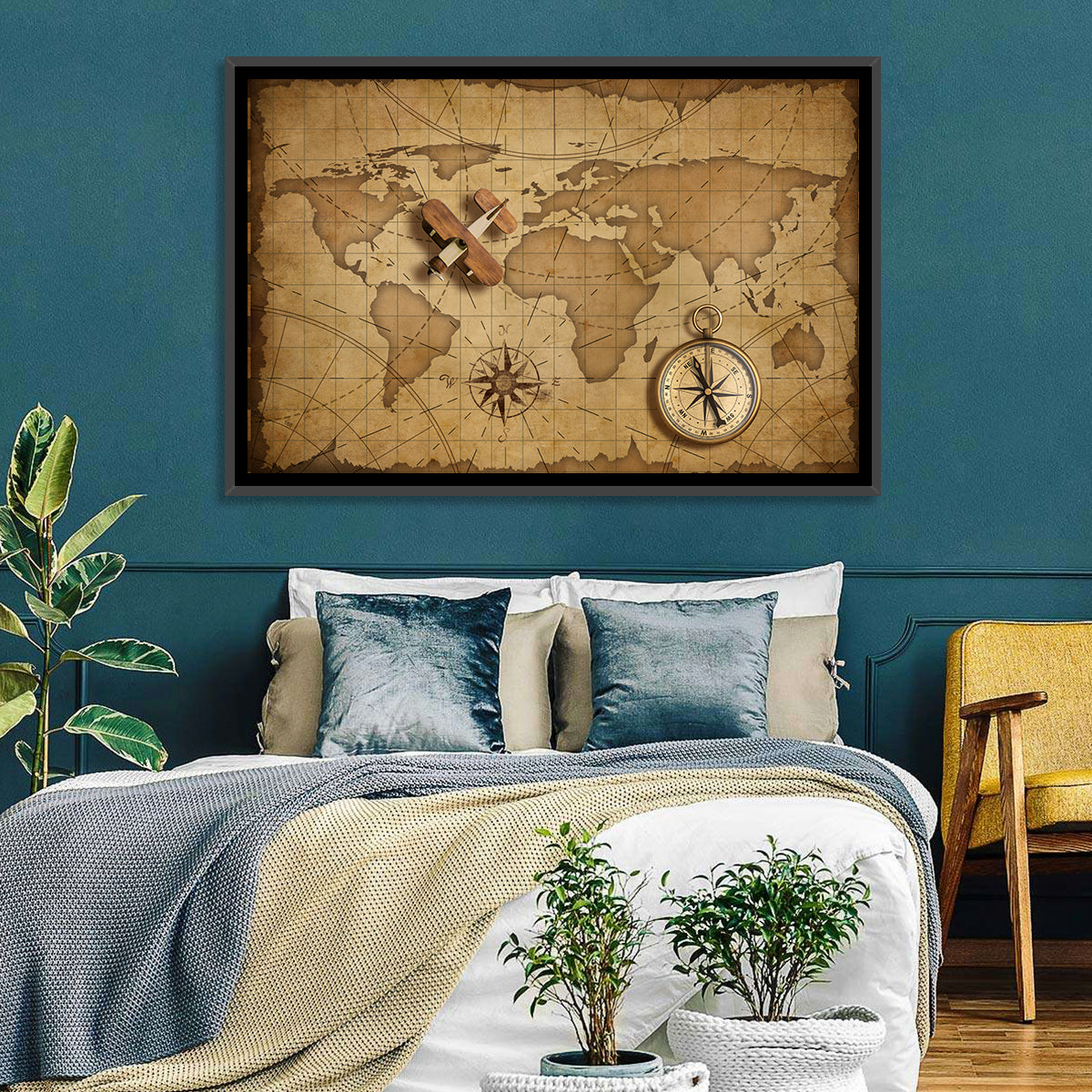 Retro Map with Biplane and Compass Wall Art