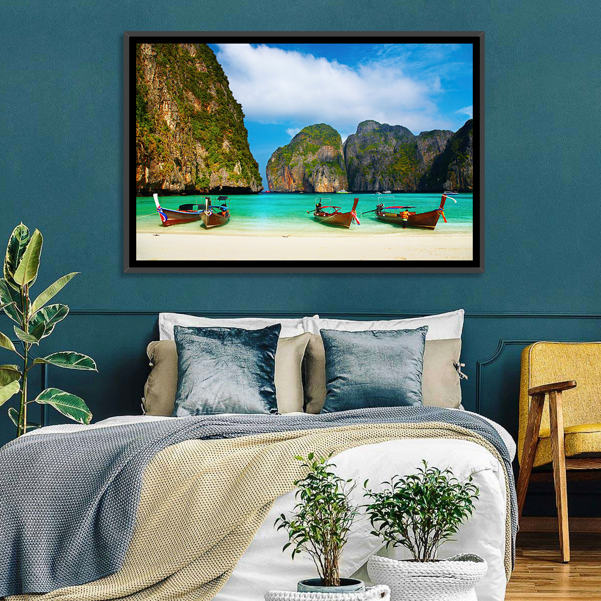 Maya Bay Long-tail Boats Wall Art in a room, landscape