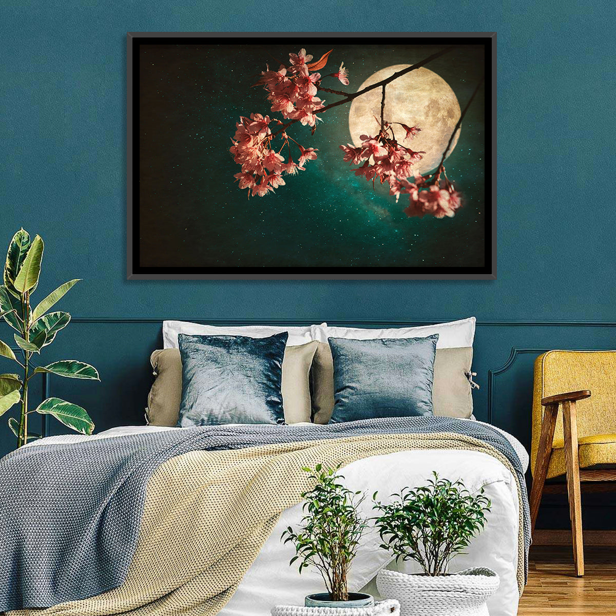 Moonlit Sakura Blossoms Wall Art in a room, landscape