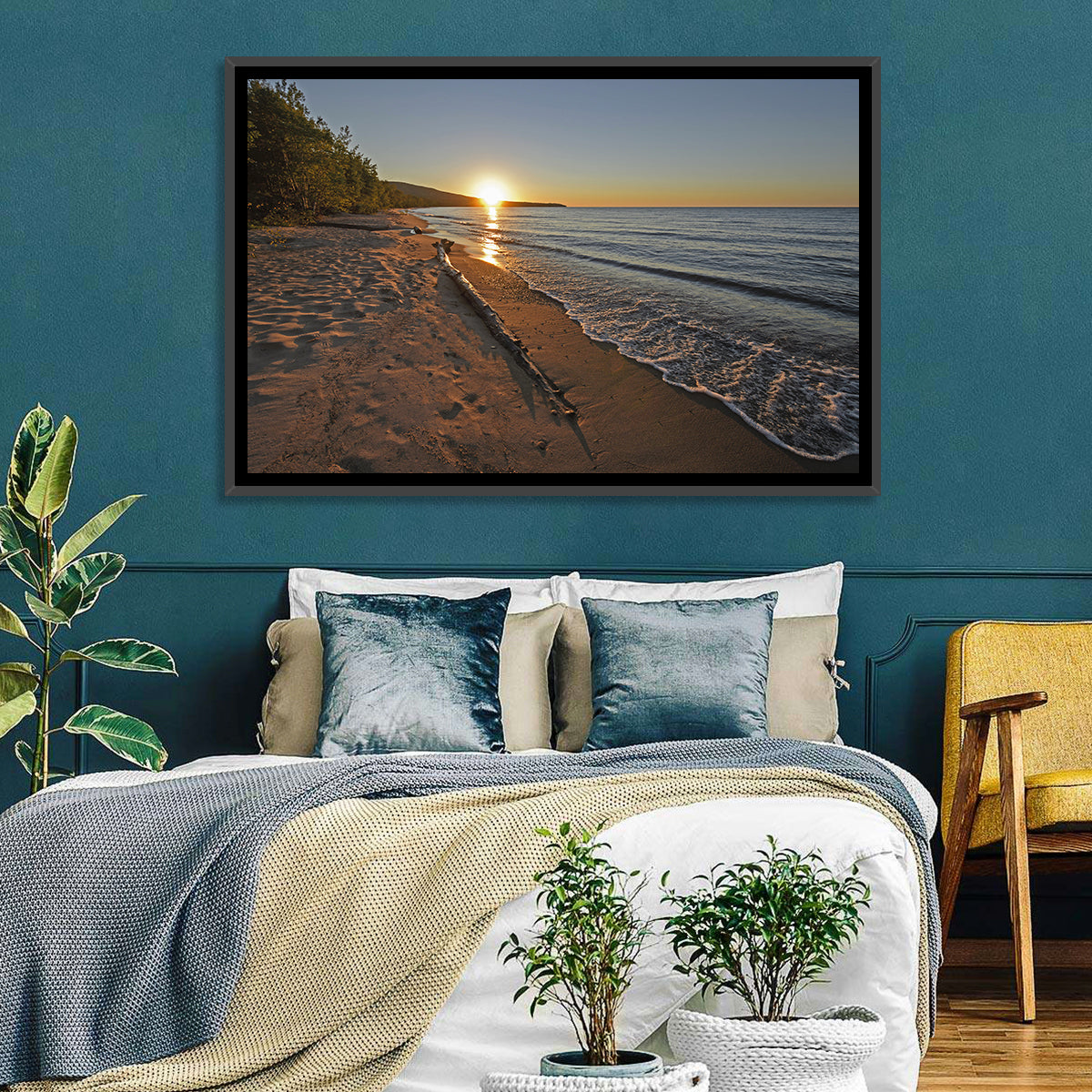 Lake Superior Driftwood Beach Sunset Wall Art in a room, landscape