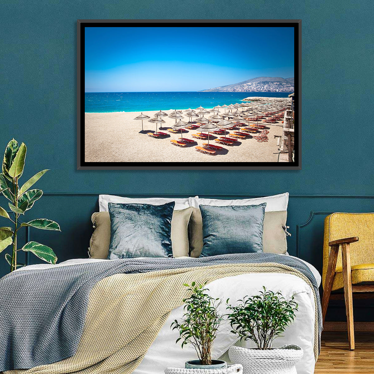 Mango Beach Umbrellas Wall Art in a room, landscape