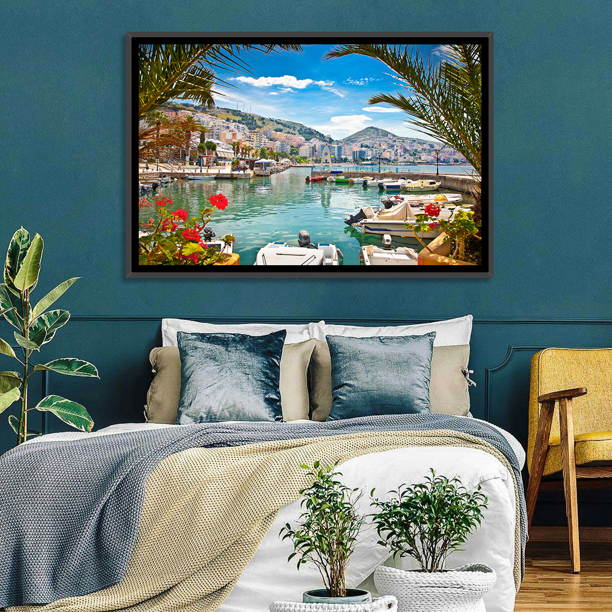 Saranda Harbor View Wall Art in a room, landscape