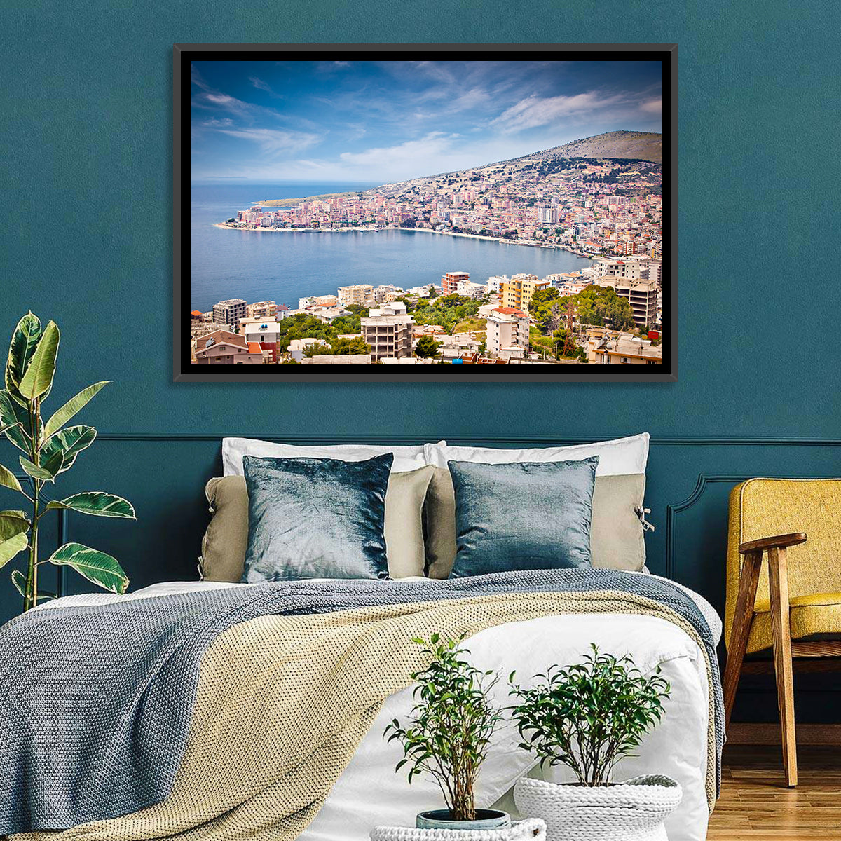 Saranda Bay Cityscape Wall Art in a room, landscape
