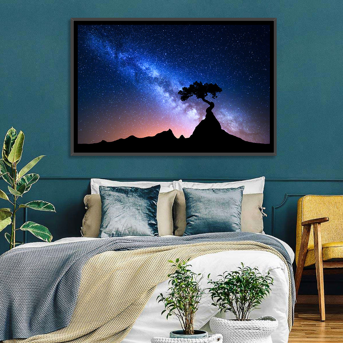 Milky Way Over Mountain Ridge Wall Art in a room, landscape