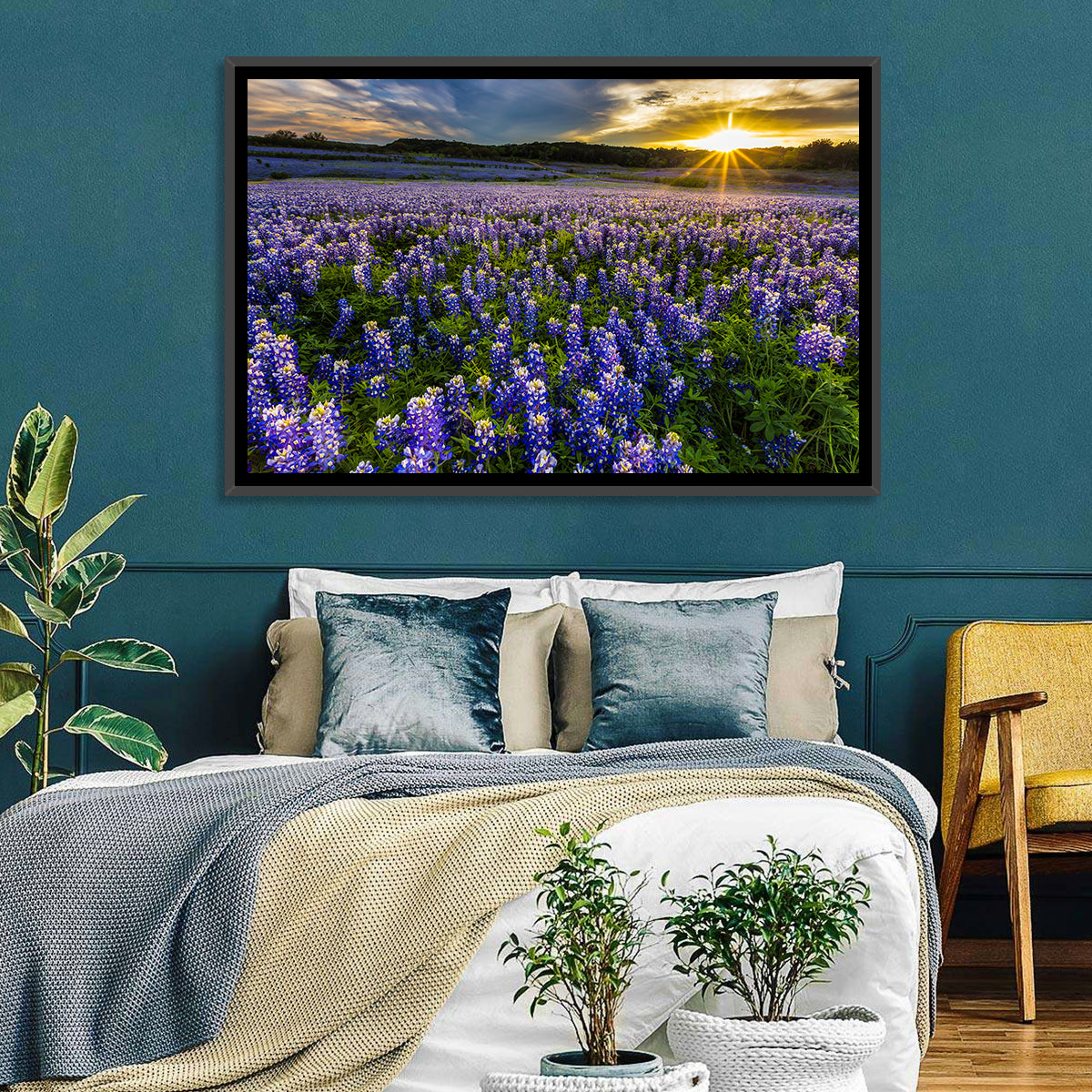 Texas Bluebonnet Field at Sunset Wall Art in a room, landscape