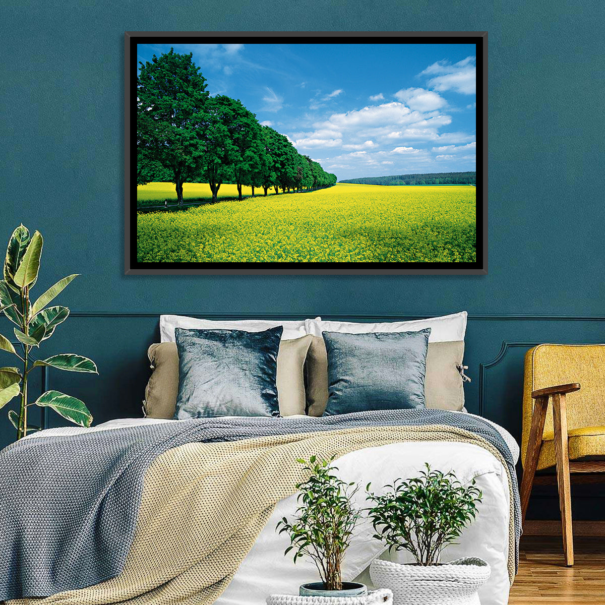 Spring Field of Yellow Flowers Wall Art in a room, landscape
