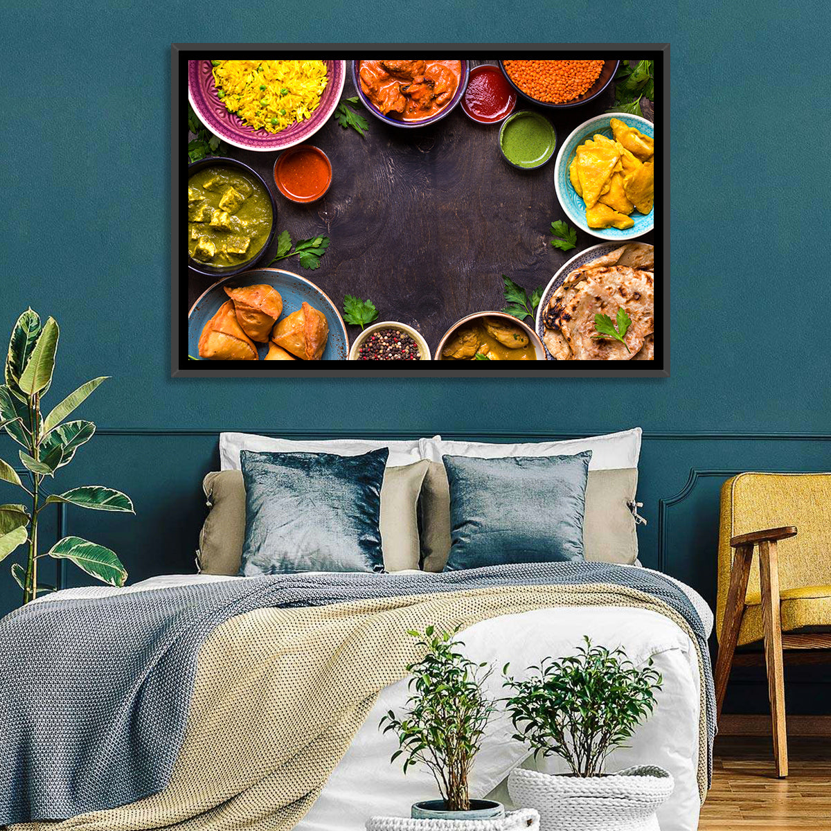 Indian Feast Flat-lay Wall Art in a room, landscape