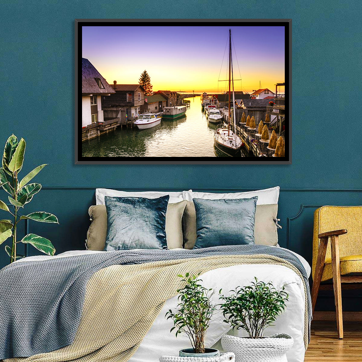 Leland Fishtown Sunset Wall Art in a room, landscape