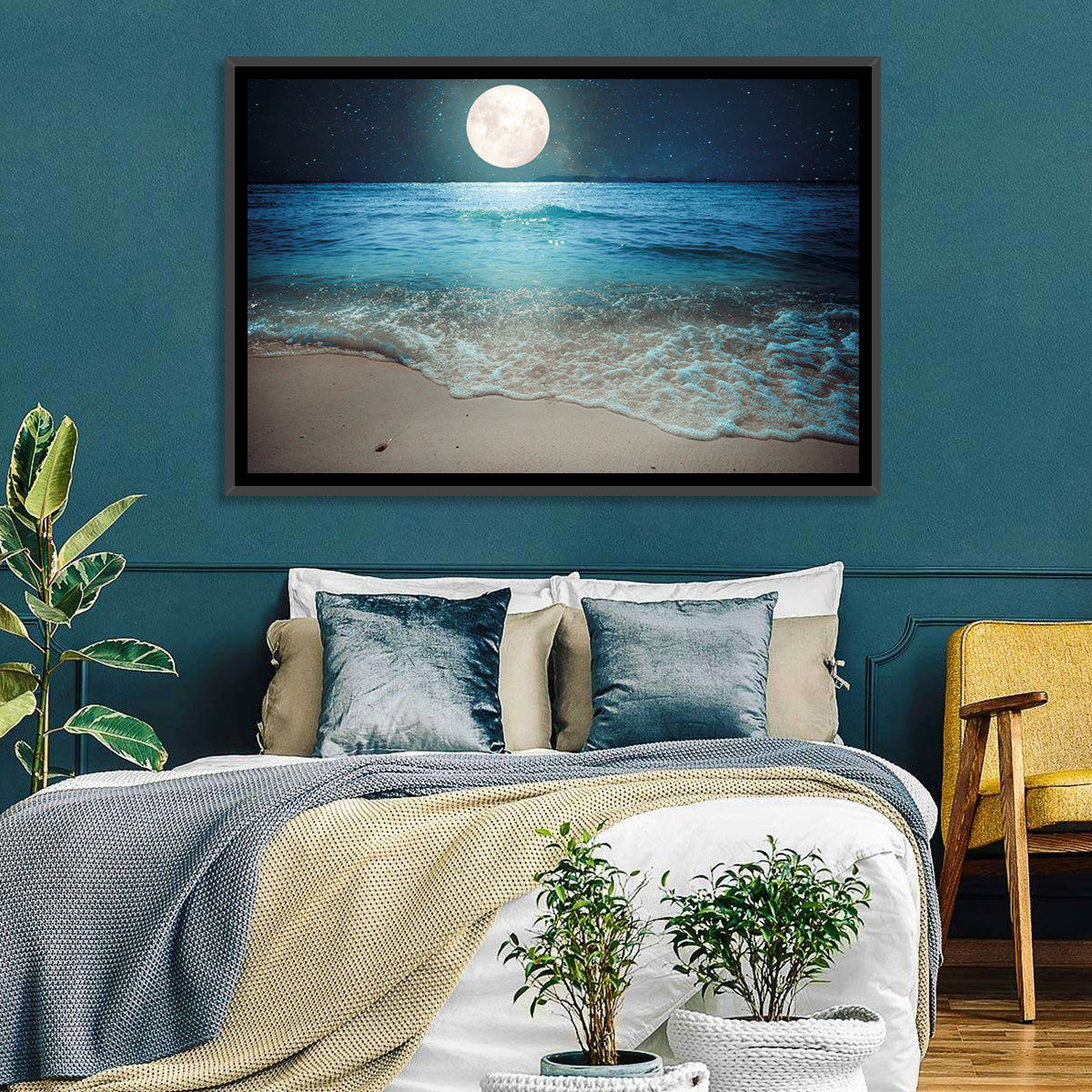 Full Moon Over Beach Wall Art in a room, landscape