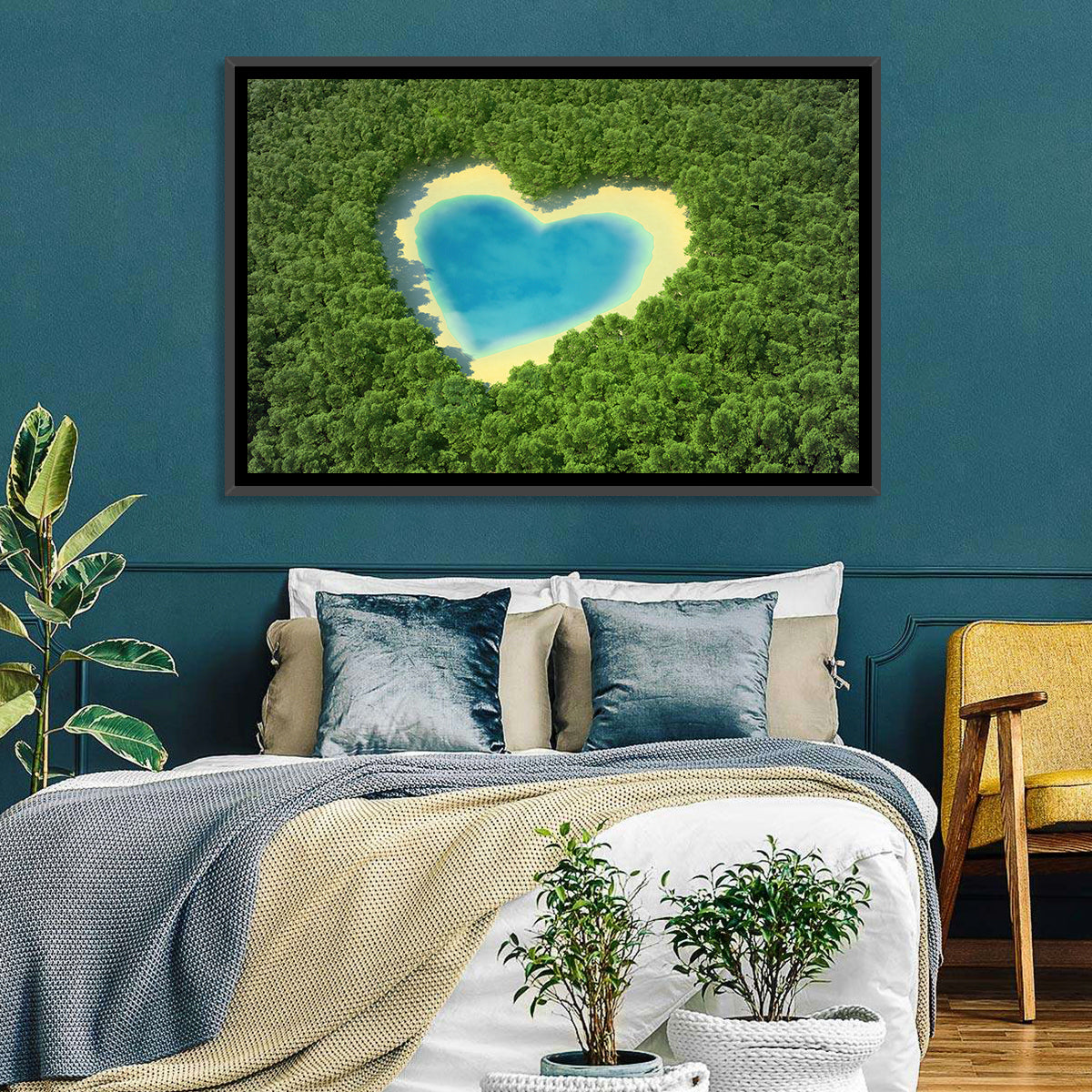 Heart-shaped Pond Aerial View Wall Art in a room, landscape