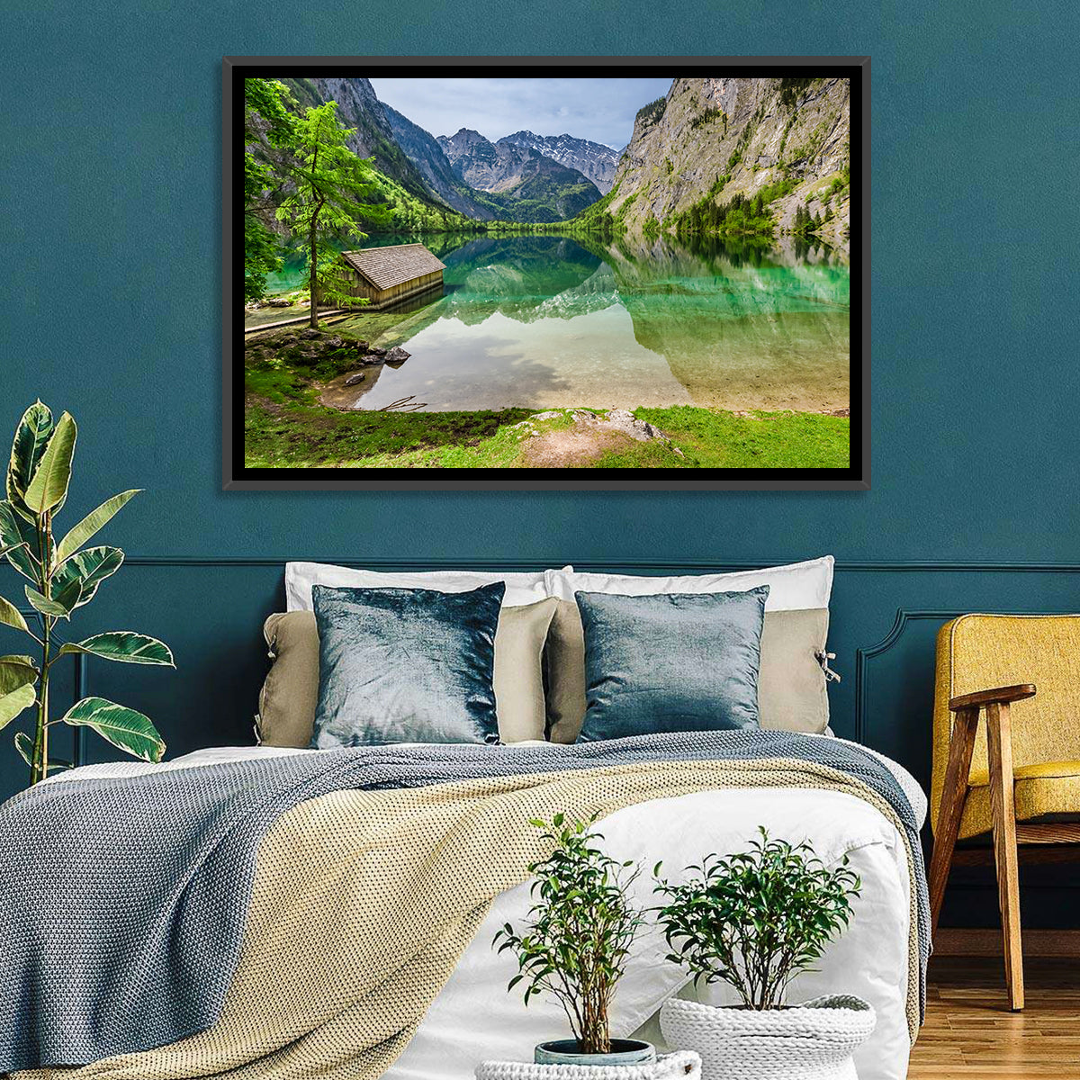 Obersee Boathouse Reflection Wall Art in a room, landscape